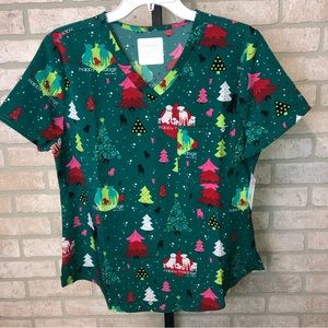 NWT Cherokee Dog is Good Holiday Christmas print short sleeve scrub top size M